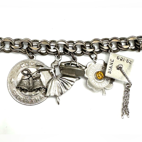 Vintage 1960s Sterling Silver 925 Double Linked Charm Bracelet with 9 Charms - Picture 3 of 11